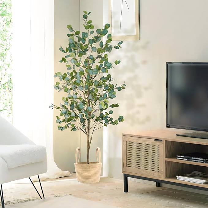 Caxchiling Faux Eucalyptus Tree 6FT, Artificial Potted Tree for Indoor Outdoor, Fake Floor Plants with Natural Wood Trunk, Home Office Living Room Bedroom Decor