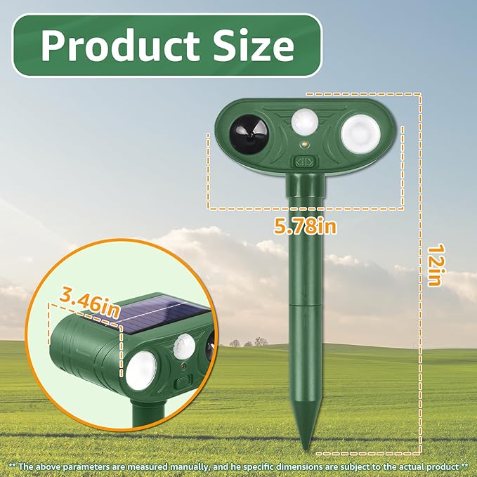 Solar Ultrasonic Animal Repellent Outdoor with Motion Sensor Strobe Light Deer Repellent Devices for Squirrel Rats Snakes Rabbit 25KHZ Silent Deterrent Dual Mode Yard Garden Lawn Pest Control 1PC