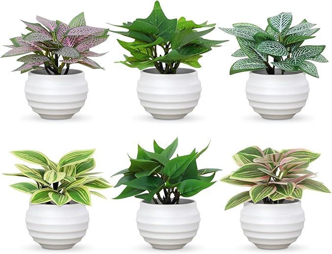 Artificial Potted Plants Set of 6, Bathroom Decor 3.94" Mini Fake Plants in Plastic Pots - Realistic Fake Greenery for Home, Office, Desk, Bathroom & Kitchen Decor,Small Plants Gift Set