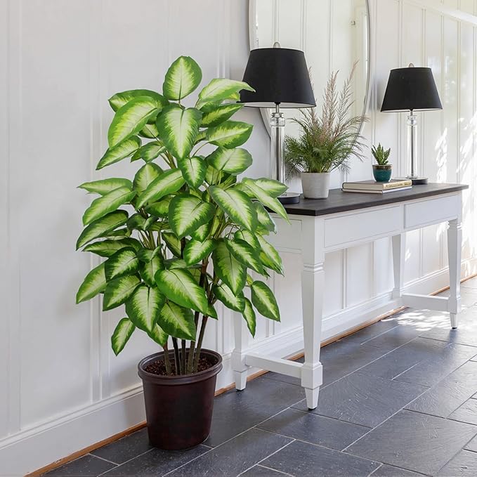FLOWORLD Artificial Golden Dieffenbachia 4ft Tall Artificial Plants Indoor Decorative Silk Plants Potted Faux Tropical Tree Lifelike House Floor Large Fake Tree for Home Living Room