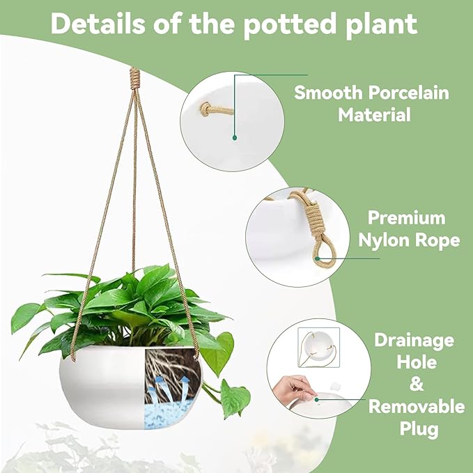 Ceramic Hanging Planters for Indoor Outdoor Plants,8 in Modern Plant Pot Round Porcelain Hanger Basket with Rope Hanging Plant Holder Drainage Flower Pot for Herbs Ferns Ivy Pothos,White