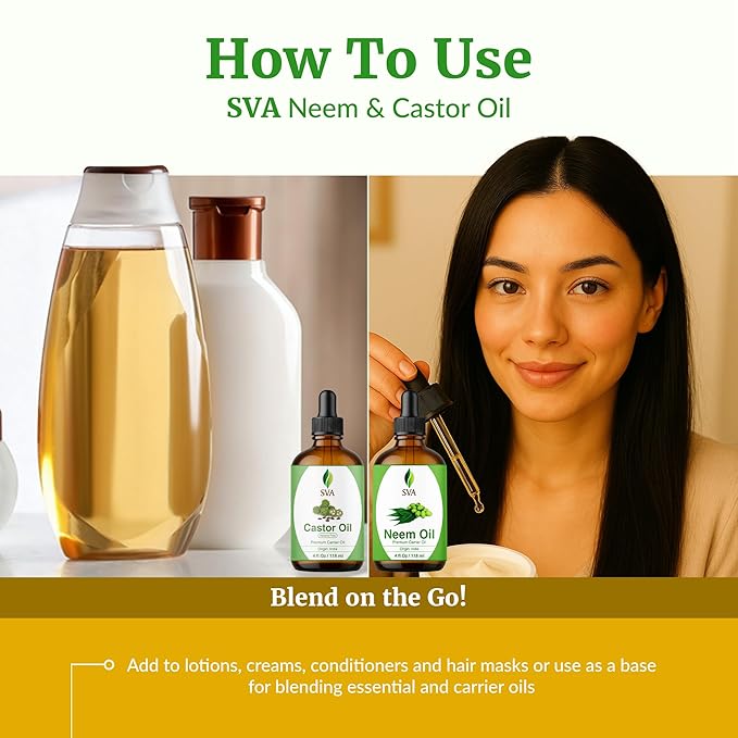 SVA Neem Oil 4 oz and Castor Oil 4 oz Bundle Super Saver Combo – Premium Grade Value Set for Hair Oiling, Scalp Massage, Hair Care, Skin Care and Body Massage