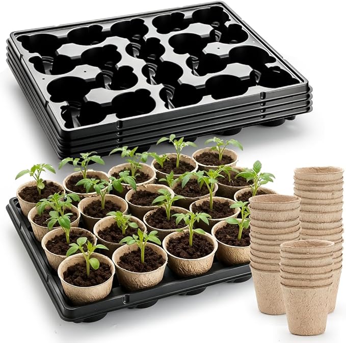 RooTrimmer 3.15 Inch Peat Pots 100 Pcs with 20 Cell Seedling Trays 5 Pcs, Biodegradable Seed Starter Pots with Drainage, Reusable Nursery Tray for Seed Starting Indoor Gardening Propagation Kit 5 Sets