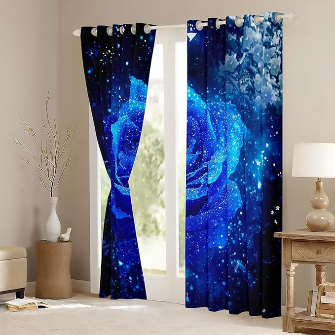 Feelyou Galaxy Blue Rose Window Drapes Romantic Rose Floral Curtains for Women Girls Valentine's Day Blackout Curtain Modern Luxury Window Treatments 52W X 63L,2 Panels