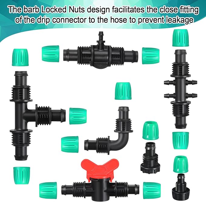 Glooglitter 40 Pcs 1/2" Tubing Irrigation Fittings Kit 1/2 ID x 0.6-0.63 OD 16 mm Drip Irrigation Barbed Connectors Include 6 Switch Valves 18 Barbed Tee 8 Ends 4 Adapters 4 Elbows (Black and Green)