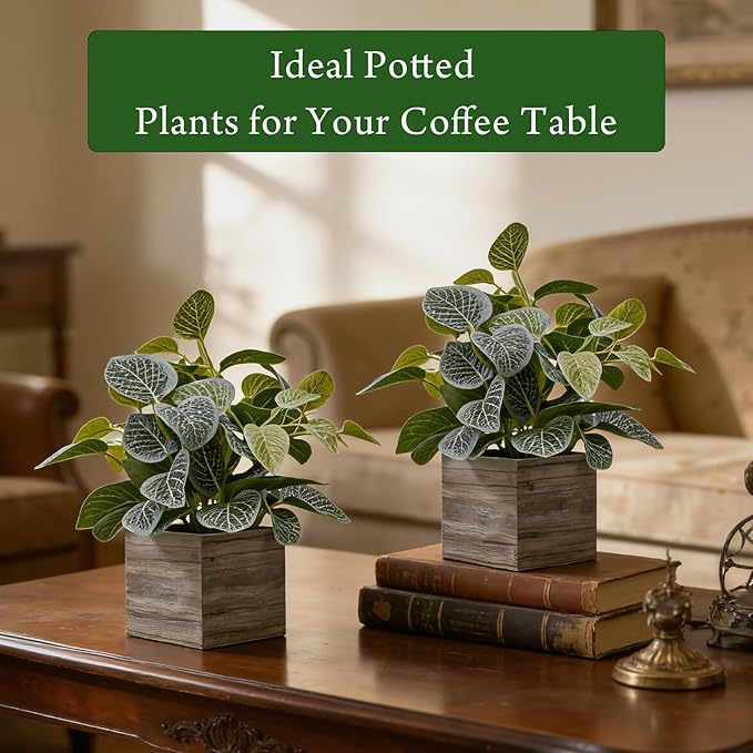 2 Pack 12" Medium Eucalyptus Fake Plants, Artificial Plants Indoor with 4 Inch Wooden Planters, Faux Potted Plants for Home Decor, Desk, Shelves, Desktop, Coffee Table, Bedroom