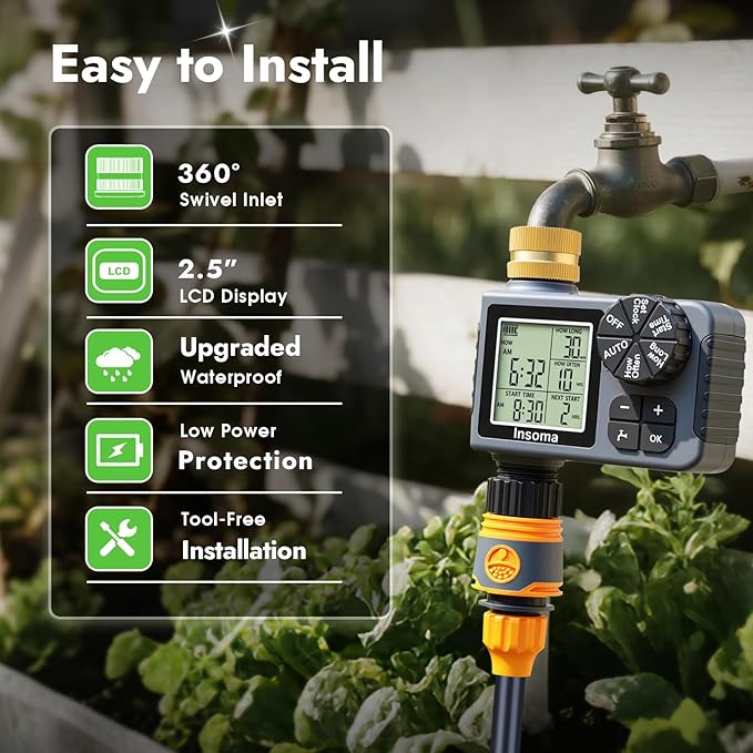 Sprinkler Timer with Brass Inlet & Outlet, Water Timer for Garden Hose with Auto/Manual/Rain Delay Mode, Easy Setup Hose Timers for Lawn, Garden, Vacation Watering,1 Outlet