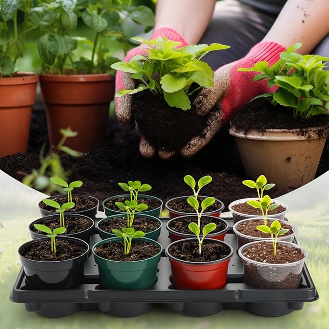 RooTrimmer 12 Cell Round Nursery Pot Trays Thickened Durable Seedling Pots Shuttle Carrying Trays for Holding 4 Inch Nursery Pots (16.85" × 12.6", 20-Pack)