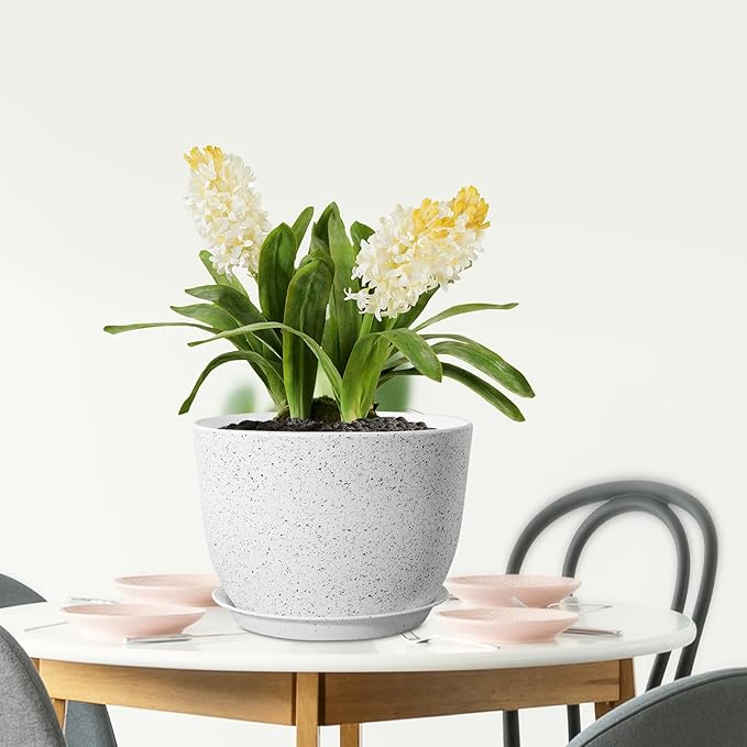 Meowell Plant Pots 12 inch, Plastic Planters with Drainage Holes and Saucers, Large Flower Pots for Indoor Outdoor Plants, Modern Decorative Pots for Garden House Plants, Speckled White