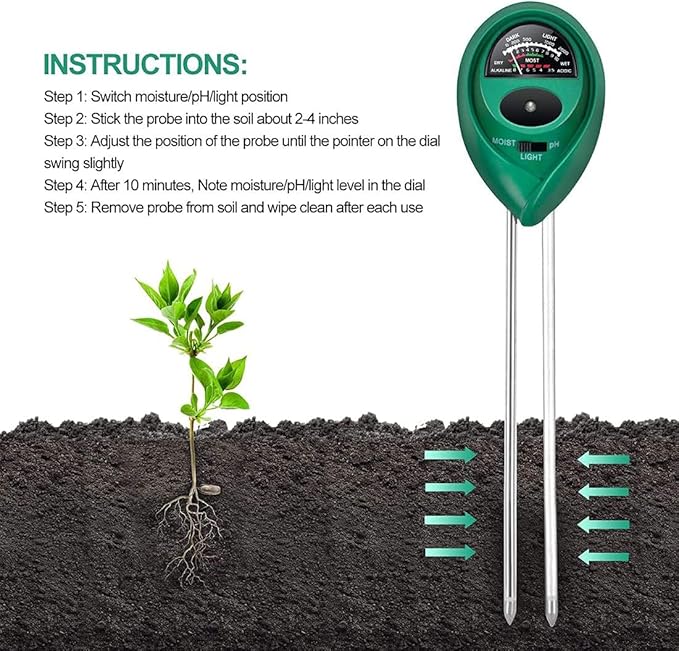 iPower Soil pH Tester, 3 in 1 Moisture Sunlight Meter for Home, Garden, Lawn Farm, Indoor and Outdoor Plants, 1 Pack, Green