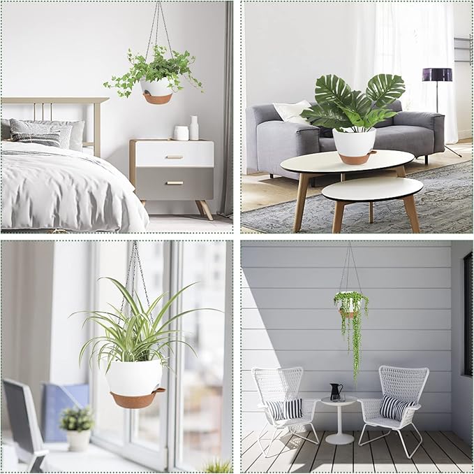 Vanslogreen Hanging Planters for Indoor Outdoor Plants, 2 Pack Self Watering Hanging Pot with Drainage Holes & Removable Tray (White, 10'')