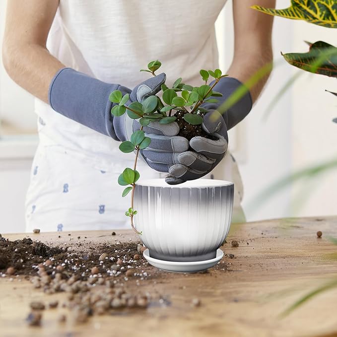 Ceramic Plant Pots,5.5 Inch,Set of 4,Planters with Drainage Hole and Saucer,Flower pots for Indoor Plants,Modern Design(Gray+White)