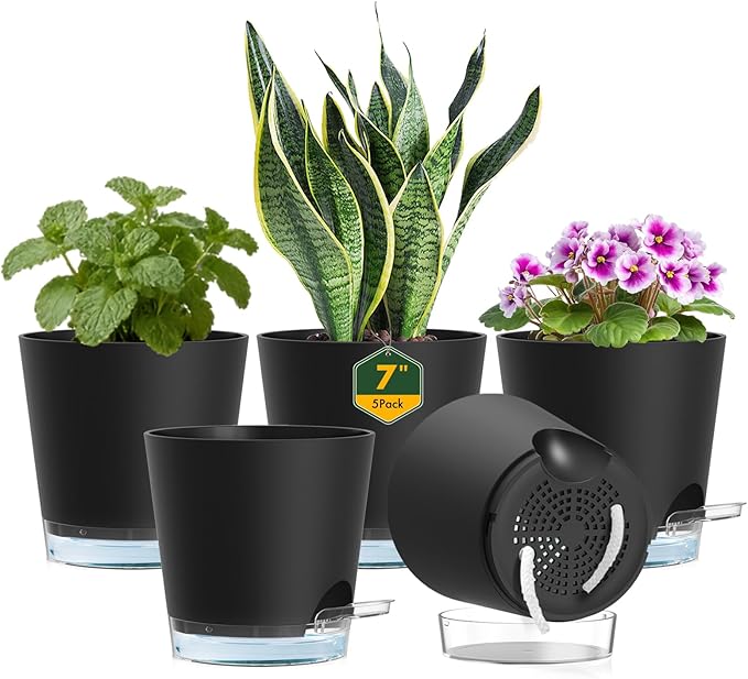 Meowell 7 inch Self Watering Pots for Indoor Plants, 5 Pack Plant Pots with Drainage Holes & Clear Reservoir for Visible Water Level, Plastic Wicking Planter Pots for House Plants and Flower, Black