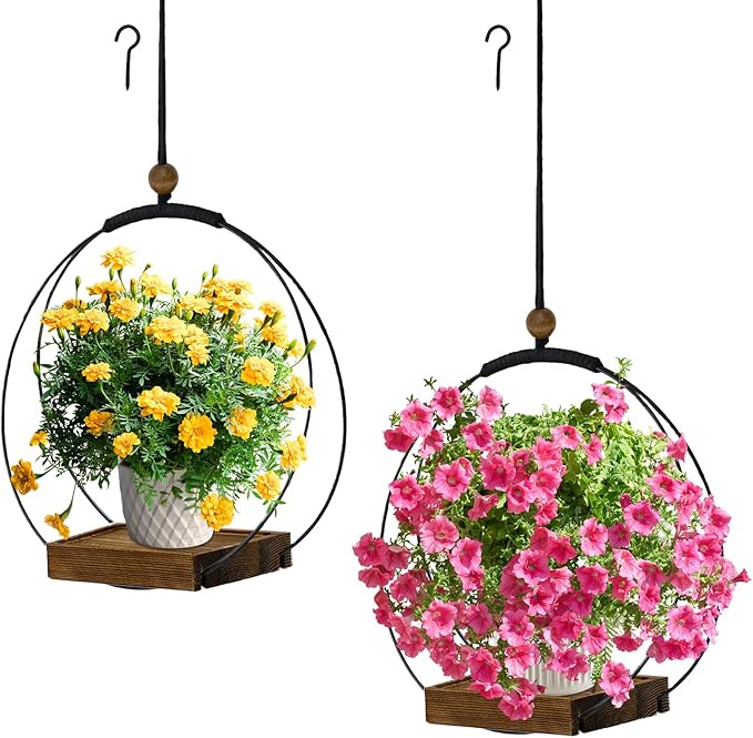 hismocal 2 Pack Hanging Planter for Indoor Plants, Black Plant Hanger with Sturdy Wood Base, Modern Boho Macrame Hanger, Wall Ceiling Window Planter (Plants/Pots Not Included)