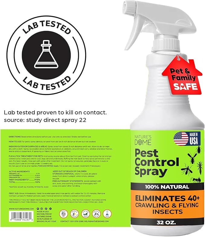 Nature’s Dome Pest Control Spray 32 Oz | 100% Natural Ant Killer & Bug Spray for Indoor & Outdoor Use | Eco-Friendly Bug Spray for Flea, Ticks, Ant & Mosquitos | Safe for Pets and Kids