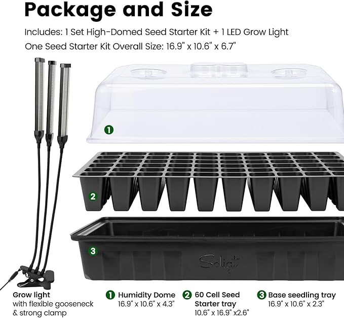 SOLIGT 60 Cell Seed Starter Trays with Grow Light, Seed Starter Kit with 4.3“ Higher Humidity Domes, Full Spectrum Seedling Light with 8/12/18H Timer for Seed Starting, Seedling Growing