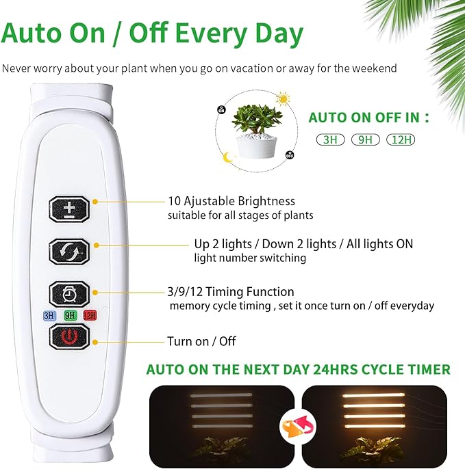 RWNTAO LED Plant Growing lamp, 3000K Full Spectrum Grow Light Strips for Indoor Plants with 3/9/12H Timer & 10 Dimmable Levels, Sunlike Grow Light for Green House Hydroponics Succulent