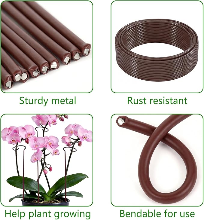 32ft Plant Support Stakes with 50 Pcs Plant Clips and 800 Ties, Plant Sticks for Indoor and Outdoor Plants, Orchid Clips and Stakes, Tall Bendable & Cuttable Single Stem Flower Stakes (Brown, 65ft)