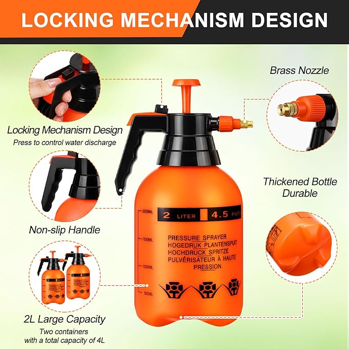 2 Set Handheld Pump Sprayer Pump Spray Bottle Garden Sprayer Plant Mister Water Spray Bottle with Adjustable Nozzle Extended Rod for Spraying Watering Fertilizing Cleaning(2L,Orange)