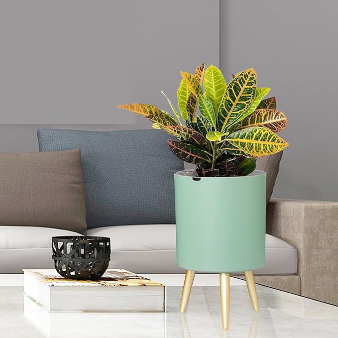 Oliz 7.8 Inch Planter Pot with Metal Craft Legs, Self Watering Planter Pots with Water Shortage Alarm Planter Pot for Indoor Outdoor Modern Planter for Home & Garden (Green)