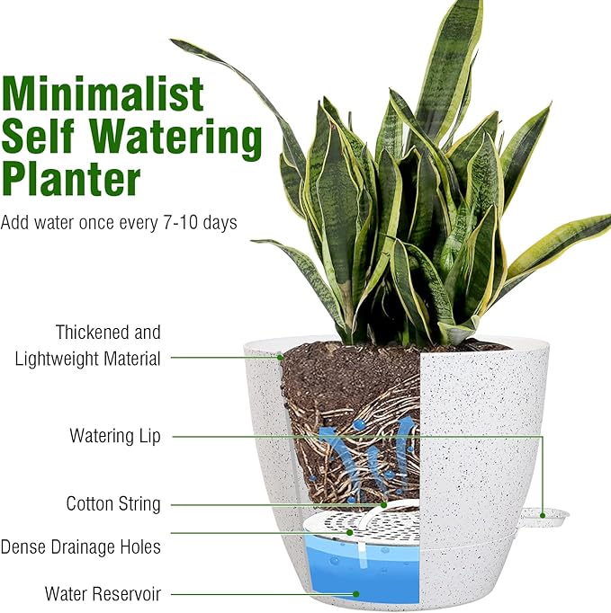 WSMKSZ 10 inch Self Watering Pots, Planter, Plant Pots with Mesh Drainage Holes for Indoor Outdoor House Plants and Garden, Set of 2 Plastic Flower Pots with Deep Reservoir, Speckled White