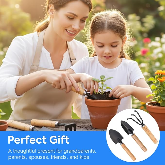 3PCS Small Garden Tool Set – Hand Shovel, Garden Trowel & Hand Rake – Gardening Hand Tools Kit for Indoor Plants, Succulents, Bonsai – Durable Rust-Resistant Small Shovel & Gardening Tools Set
