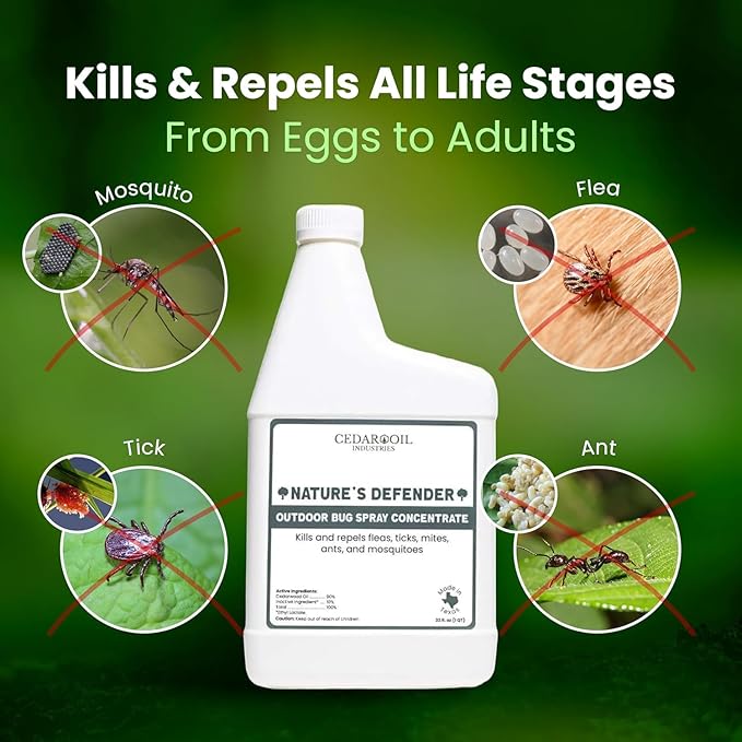 Nature's Defender Outdoor Pest Control Spray – All-Natural Cedarwood Oil Formula for Mosquitoes, Ticks, Fleas, and Ants – Safe for Pets, Kids, and Plants – 32 oz Concentrate, Treats 40,000 sq. ft