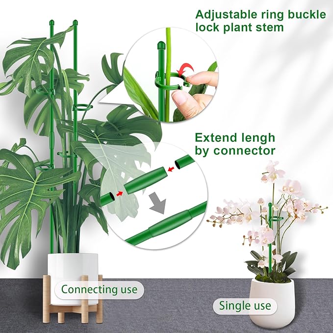 6Pcs Plant Support Stakes 17 inch SupKing Garden Orchid Sticks Extended to 3ft 4ft 5ft Plant Poles with Clips for Indoor Outdoor Potted Tomato Rose Amaryllis Vegetables Comes with 20 Ties（Green）