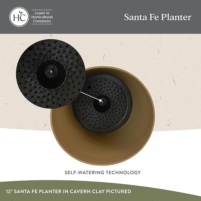 The HC Companies Santa Fe Round Self-Watering Pot - Lightweight Plastic Planter for Herbs & More - Durable Plant Pots for Indoor Plants & Outdoor Plants (12" Black Sand, Pack of 2)