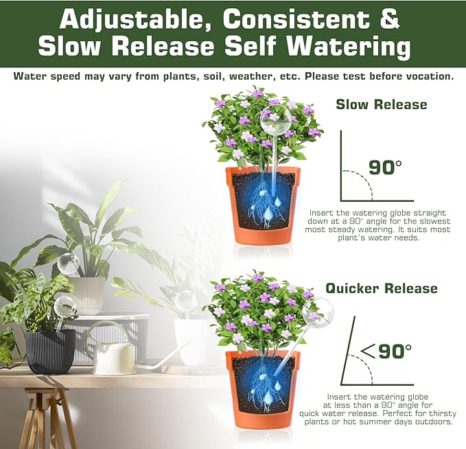 Self Watering Globes, Glass Clear Plant Watering Globes, Self Watering Planter Insert for Indoor & Outdoor Potted, Self Watering Planter Insert Spikes Devices for Everyday or Vacation Use, 2 Pack