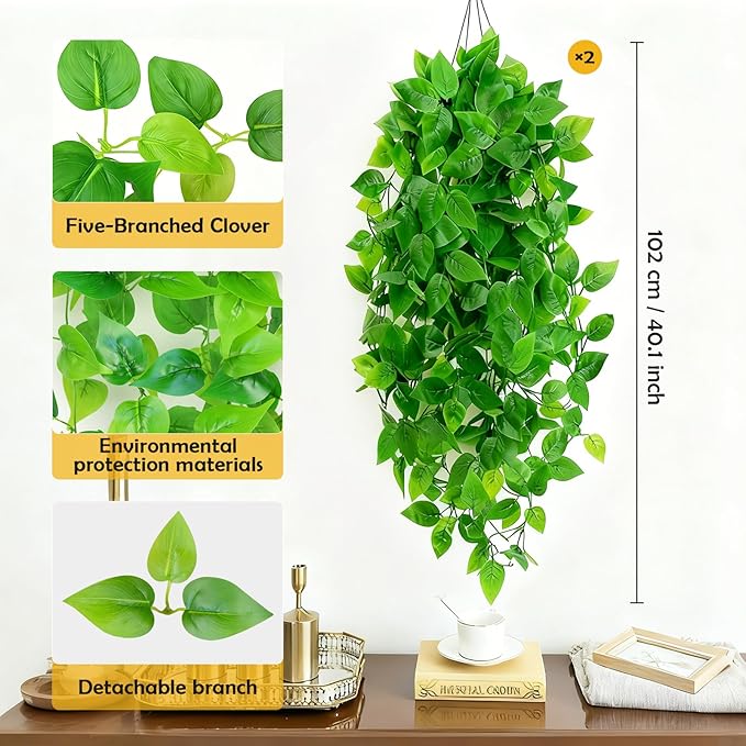 Artificial Hanging Plants, 2pcs Fake Pothos Vine Greenery for Wall Decor - Indoor Outdoor Home Living Room Hanging Decor, No Basket Included