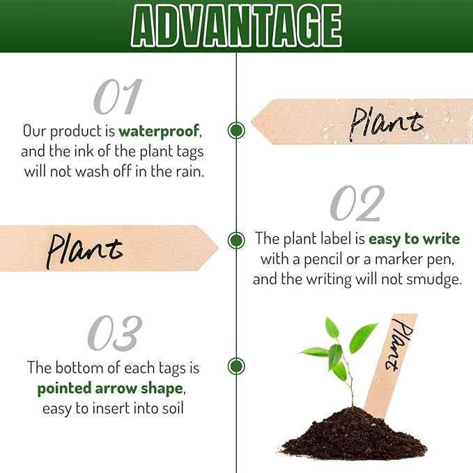 Whaline 50Pcs Wooden Plant Labels with A Marker Pen Waterproof Pointed Wooden Plant Sign Tags Garden Markers for Outdoor Indoor Garden Seed Potted Herbs Flowers Vegetables (15 x 2 cm)