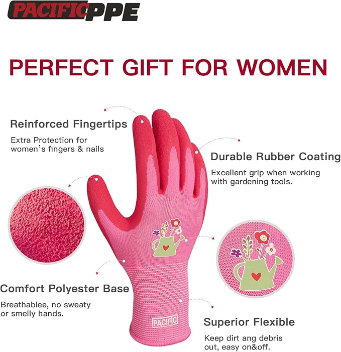 PACIFIC 6 Pairs Gardening Gloves for women, Rubber Coated Garden Gloves, Ladies Yard Work Gloves, Breathable, Purple & Yellow & Red, Small