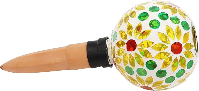 Sunnydaze Mosaic Glass Plant Watering Globe with Clay Spike - Decorative Self-Watering Planter Insert - Water Dripper for Plants - 9.5" - Bright Blooms