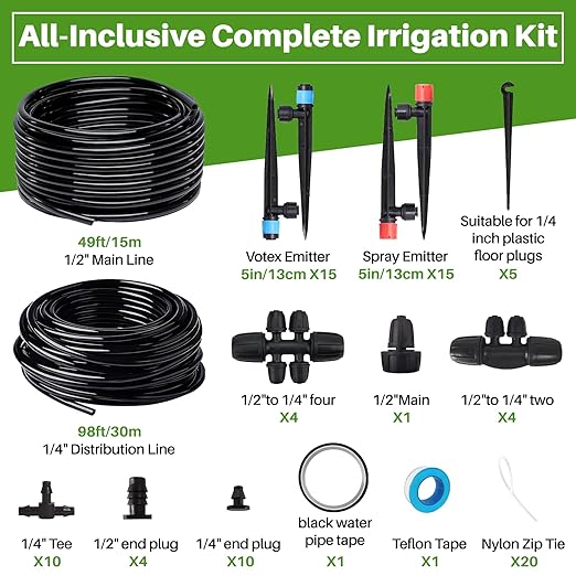 Drip Irrigation System, Automatic Garden Watering Kit, Quick-Connect Watering Misting Drip Irrigation System for Greenhouses,Yards,Lawns,Raised Beds,with 98ft 1/4''& 49ft 1/2" Tubing and Accessories