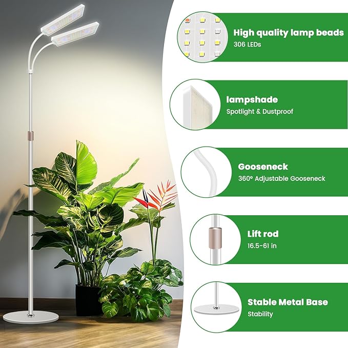 Wiaxulay Grow Lights for Indoor Plants, 306 LED Full Spectrum Plant Light with Stand, Height Adjustable 24-68 in for Growing Large Tall Plants, 4/8/12/16H Timer,3 Lighting Modes,5 Brightness (2 Heads)