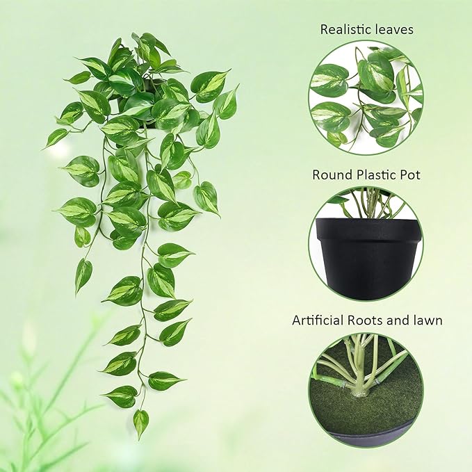 Fake Pothos Hanging Plants Artificial Ivy Vines with Pots - Realistic Indoor Greenery Decor, Low Maintenance Faux Home Decoration (1 PCS)