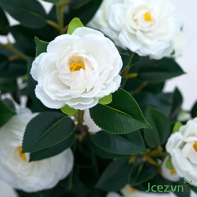 2 Pack Artificial Camellia Tree with White Pot, 38" Faux Potted Plants for Indoor Outdoor Decor, Tall Silk Greenery Plant for Home Offce Living Room Balcony, White