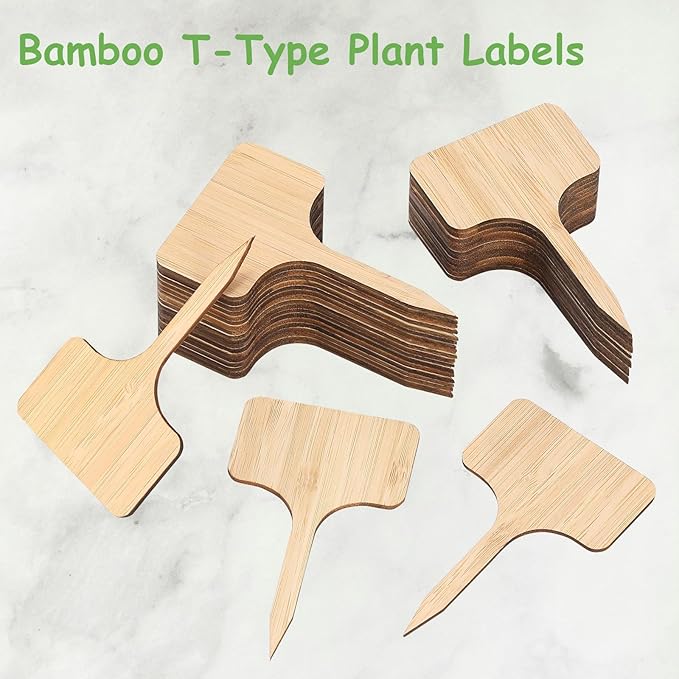 140 Pcs Bamboo Plant Labels with 1 Marker Pen, T-Type Natural Seedling Nursery Sign Tags, Wood Garden Markers Decorative Patio Tags for Outdoor Indoor Potted Plants Herbs Flowers Vegetables