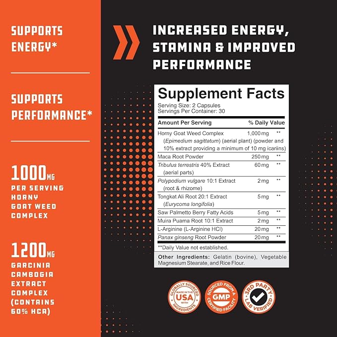 Testosterone Supplement for Men - Testosterone Booster for Men with Horny Goat Weed, Maca Root, Tongkat Ali & Tribulus Terrestris - Energy Support, Performance Enhancer, Muscles Building - 60 Count