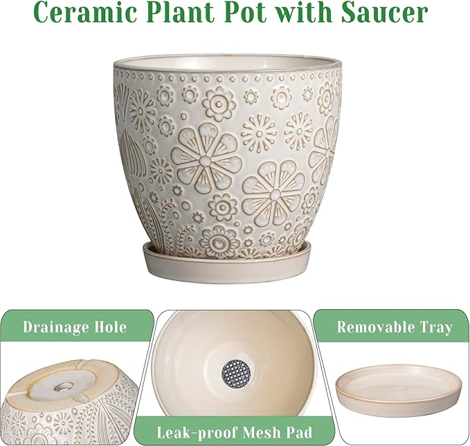 MPotTo 6.9 Inch Plant Pot with Drainage Hole and Saucer Ceramic Planter for Indoor Plant Flower Pot for Orchid Succulents Plants White
