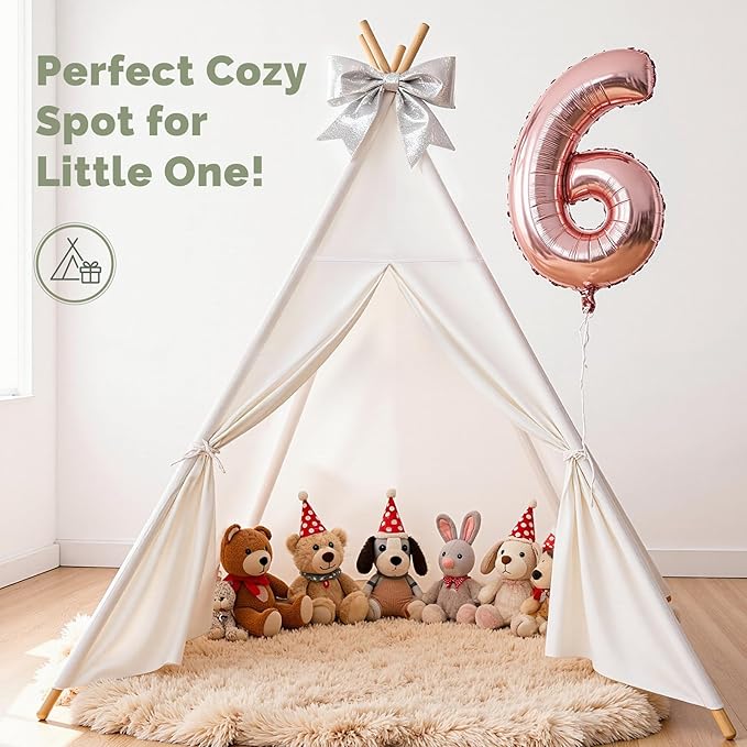 Sumbababy Teepee Tent for Kids, Cotton Canvas Indoor Play Tent, Foldable Toddler Sleepover Tents for Girls & Boys Slumber Party, Washable Gift Set with Star Lights, Banner & Carry Bag