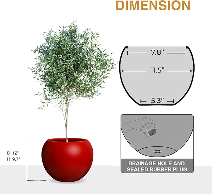 KUTE NEST 9.7"H x 12"D Premium Red Fiberstone Round Planter with Drainage Hole, Chinese & Lunar New Year Home Decor Pot, Smooth Finish, Weather Resistant Indoor & Outdoor, 2 Coco Mats (7.8" Opening)