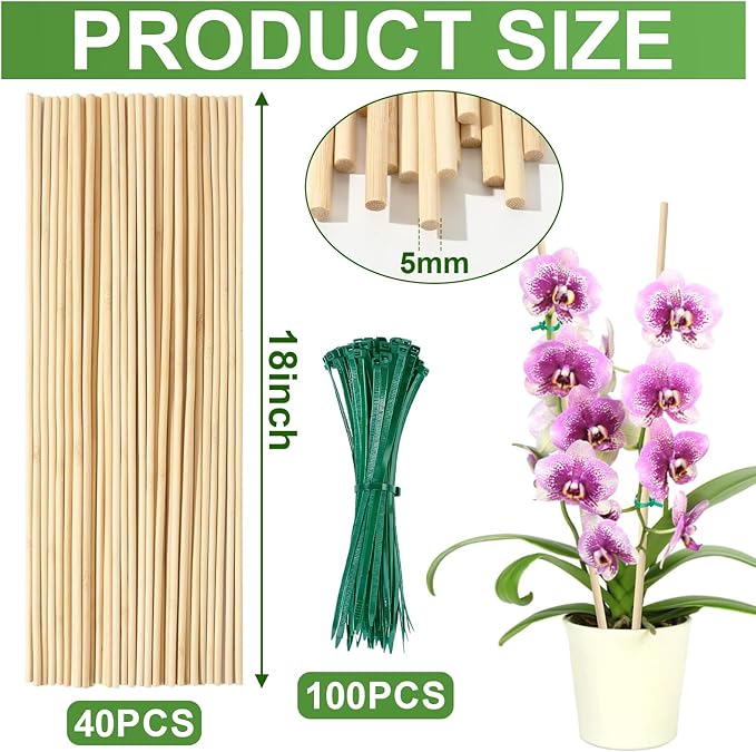AUGSHY Plant Stakes 18 Inch, 40 PCS Natural Bamboo Garden Stakes which Green Ties Plants Support Stakes for Indoor Outdoor Plants Tomato Vegetable Beans Potted Climbing Plants