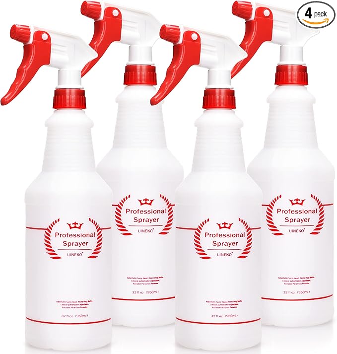 Uineko Plastic Spray Bottle (4 Pack, 32 Oz, All-Purpose) Heavy Duty Spraying Bottles Leak Proof Mist Empty Water Bottle for Cleaning Solution Planting Pet with Adjustable Nozzle and Measurements