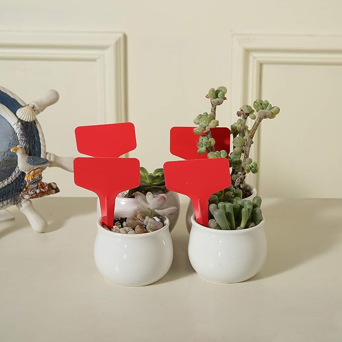 100 Pcs T-Type Plant Labels with a Gel Pen, Waterproof Nursery Plant Tags Plastic Garden Markers, Red, 6 x 10cm