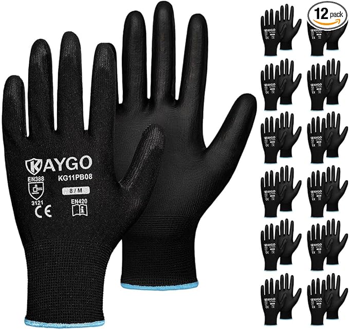 KAYGO Work Gloves for Men and Women,12 Pairs Seamless Knit PU Coated Safety Gloves, with Smooth Grip on Palm and Fingers, Ideal for Light Warehouse, Manufacturing, Gardening, KG11P (M, Black)