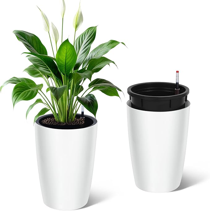 16" Tall Planter Set of 2, Self Watering Pots with Built-in Drainage and Water Level Gauge, Large Planter Pots for Garden, Patio, Balcony, Lounge, White