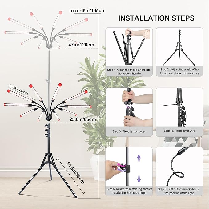 FRGROW 10Head Grow Light with Stand for Tall&Large Indoor Plants, Bonsai Tree, Big Coverage and Bright Plant Growing Lamps, 4/8/12/16/20H Timer, 90 Watt Power Draw, NO Need Adapter, 360° Gooseneck