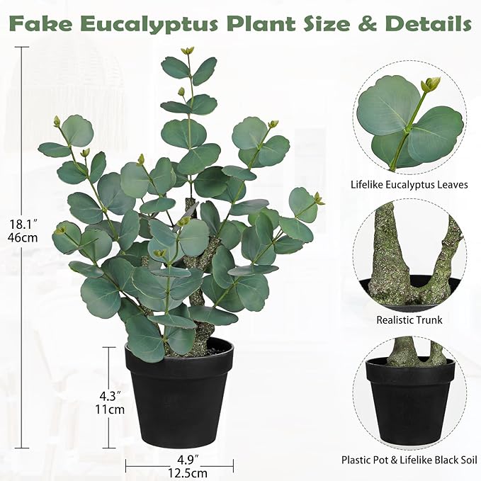 Artificial Plants Indoor with Pot, 18" Tall Faux Plants Indoor Silk Plant, Fake Potted Plant Small Eucalyptus Tree for Living Room Bathroom Kitchen Farmhouse Office Desk Table Shelf Decor, Green